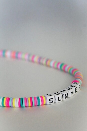 Tasarımcı Summer yazılı renkli fimo boncuk kolye