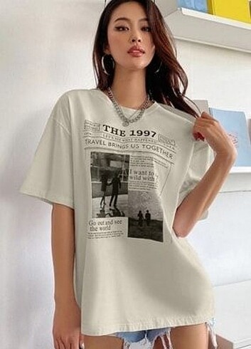 MODAGEN Kadın Bej Baskılı Oversize T shirt