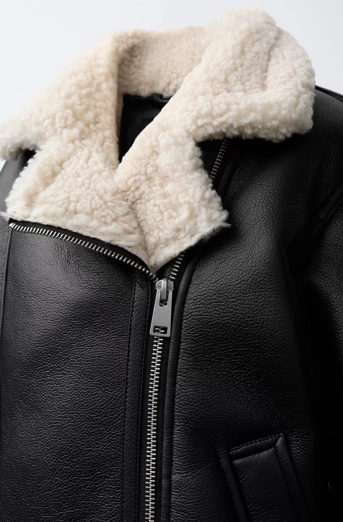 Zara Kürklü Siyah Deri Biker Ceket - Görsel 3