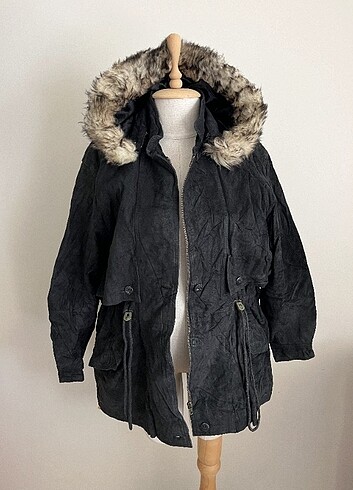 Vintage siyah süet oversize parka