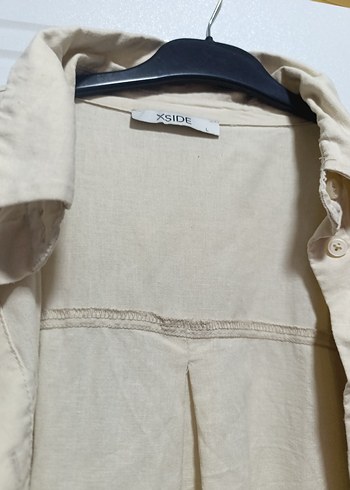 Bej Keten Düğmeli Bol Kesim Kadın Gömlek - Görsel 2