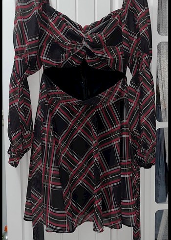 Bordo Ekose Desenli Straplez Mini Elbise