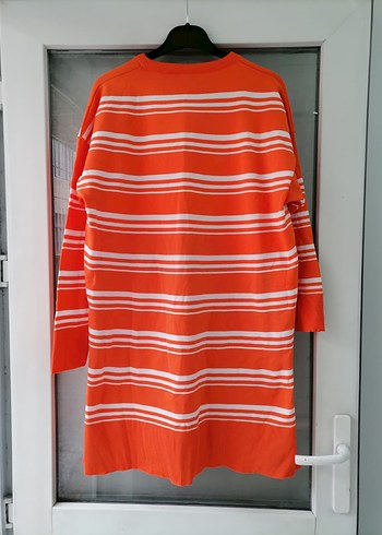 Turuncu Çizgili Uzun Kollu Triko Elbise - Görsel 2