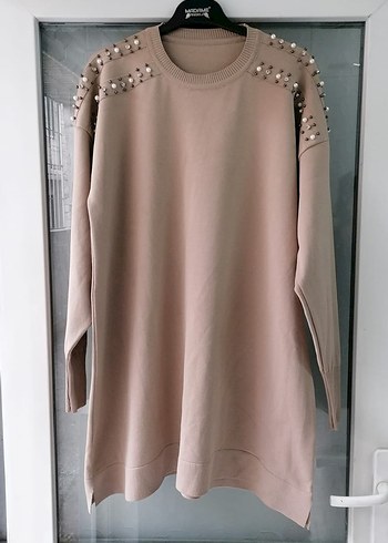 Boncuk Detaylı Bej Uzun Kollu Triko Tunik - Görsel 2