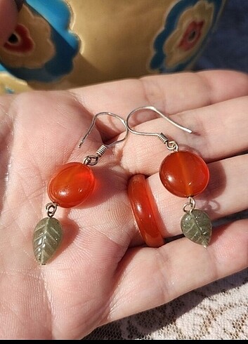 Sterling silver Gümüş küpe ve akik yüzük