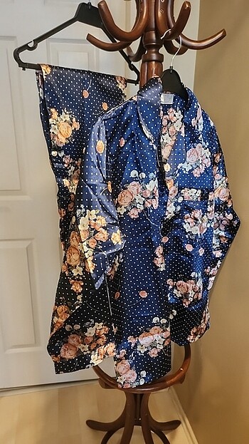 Silk & Cashmere İpek Saten Lacivert Pijama Takımı M Beden