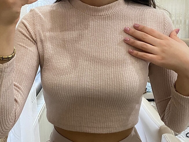 m Beden camel Renk Bej boğazlı bluz crop