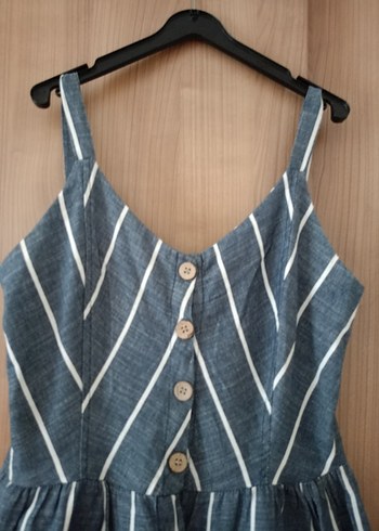s Beden Düğmeli Çizgili Midi Denim Elbise