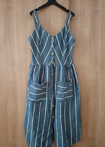 Düğmeli Çizgili Midi Denim Elbise