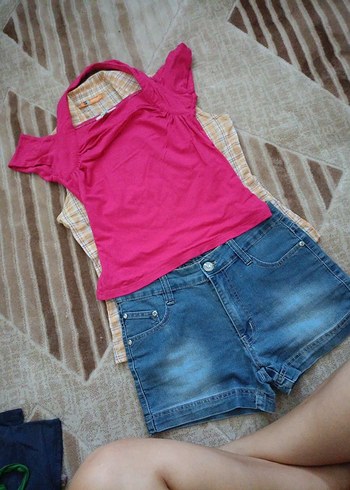 Pembe Straplez Kısa Kollu Denim Şort