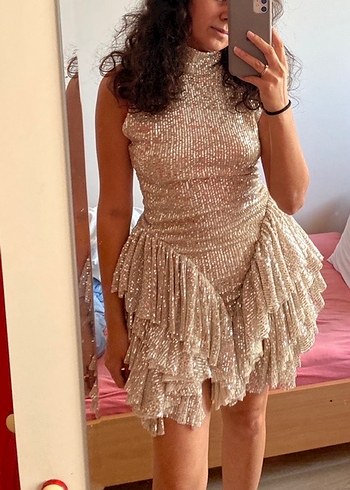 Gira official Parlak İşlemeli Payetli Kısa Fırfırlı Parti Elbise - Görsel 4