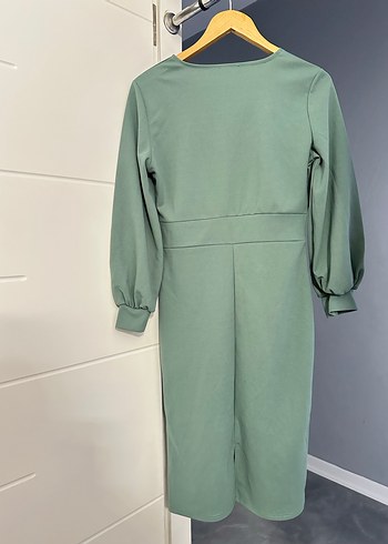 Uzun Kol V Yaka Yeşil Elbise - Görsel 2