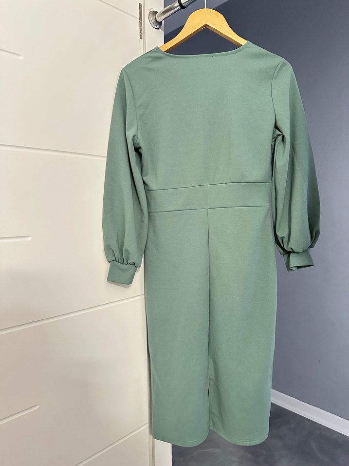 Uzun Kol V Yaka Yeşil Elbise - Görsel 2