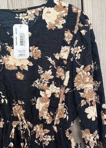 Uzun Kollu Kahverengi Çiçekli Bohem Elbise - Görsel 2