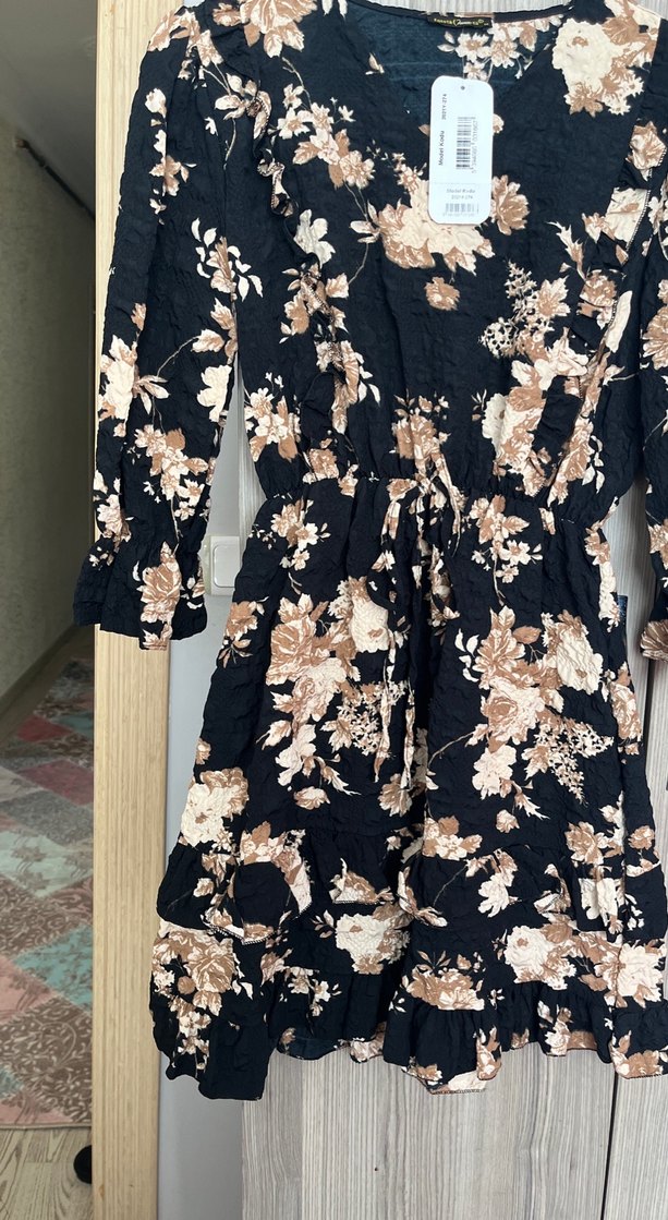 Uzun Kollu Kahverengi Çiçekli Bohem Elbise - Görsel 3