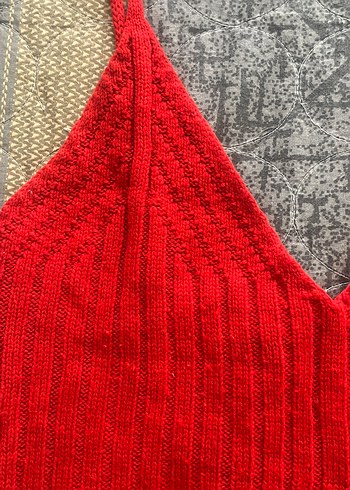 Kırmızı V Yaka Örgü Kadın büstiyer - Görsel 2