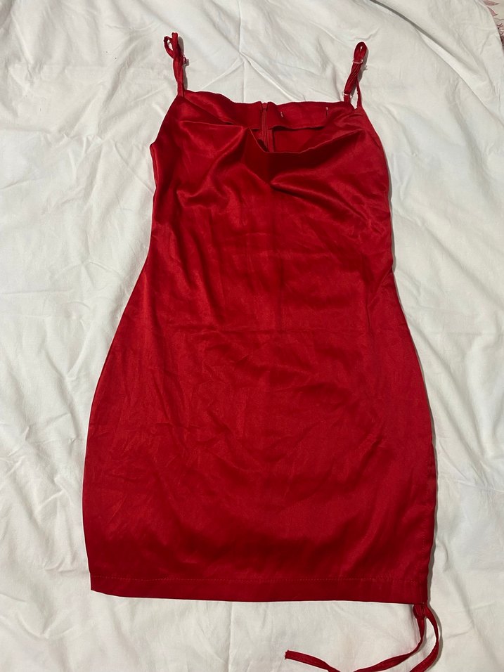 Kırmızı Drapeli Saten Midi Elbise - Görsel 2