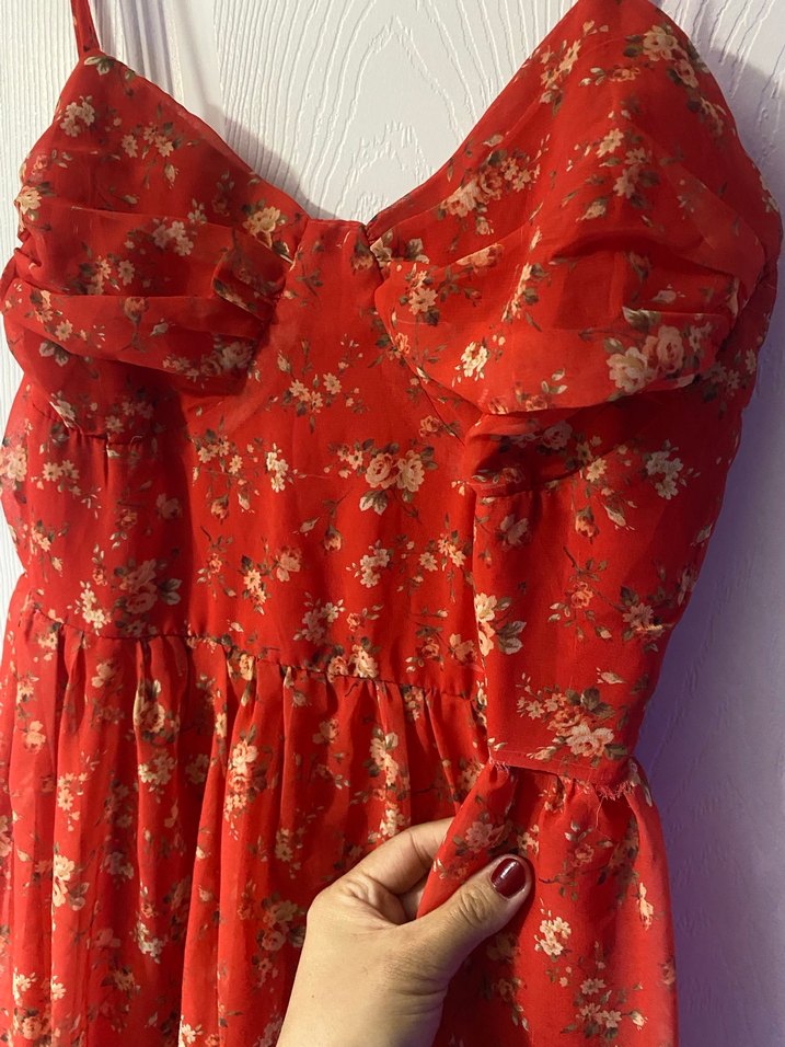Kırmızı Volanlı Askılı Mini Elbise - Görsel 2