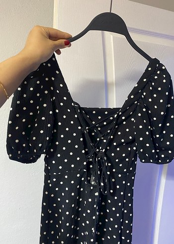 Düğmeli Siyah Puantiyeli Uzun Elbise - Görsel 3