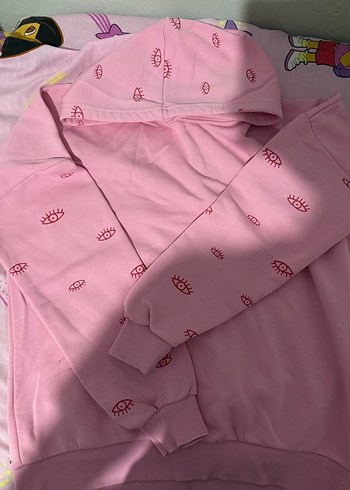 Pembe Kapüşonlu Baskılı Oversize Sweatshirt