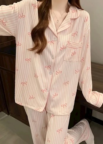 s Beden pembe Renk Pembe Çizgili Kadın Pijama Takımı