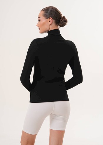 Siyah Yüksek Yakalı Uzun Kollu Fitilli Bluz - Görsel 4