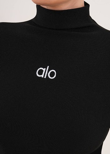 Siyah Yüksek Yakalı Uzun Kollu Fitilli Bluz - Görsel 3