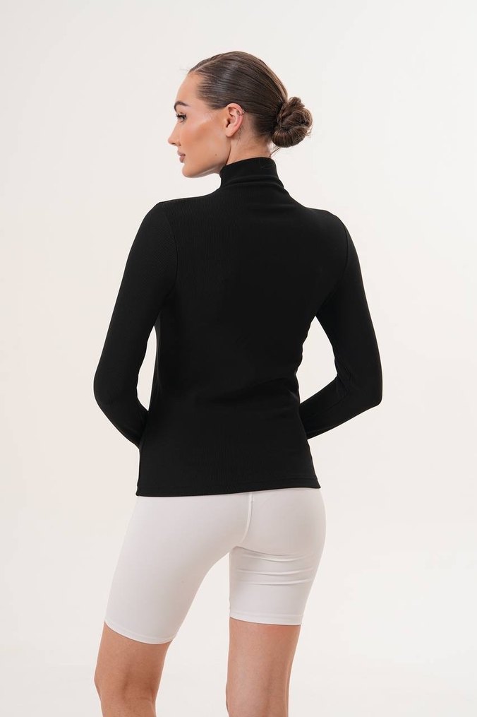 Siyah Yüksek Yakalı Uzun Kollu Fitilli Bluz - Görsel 4