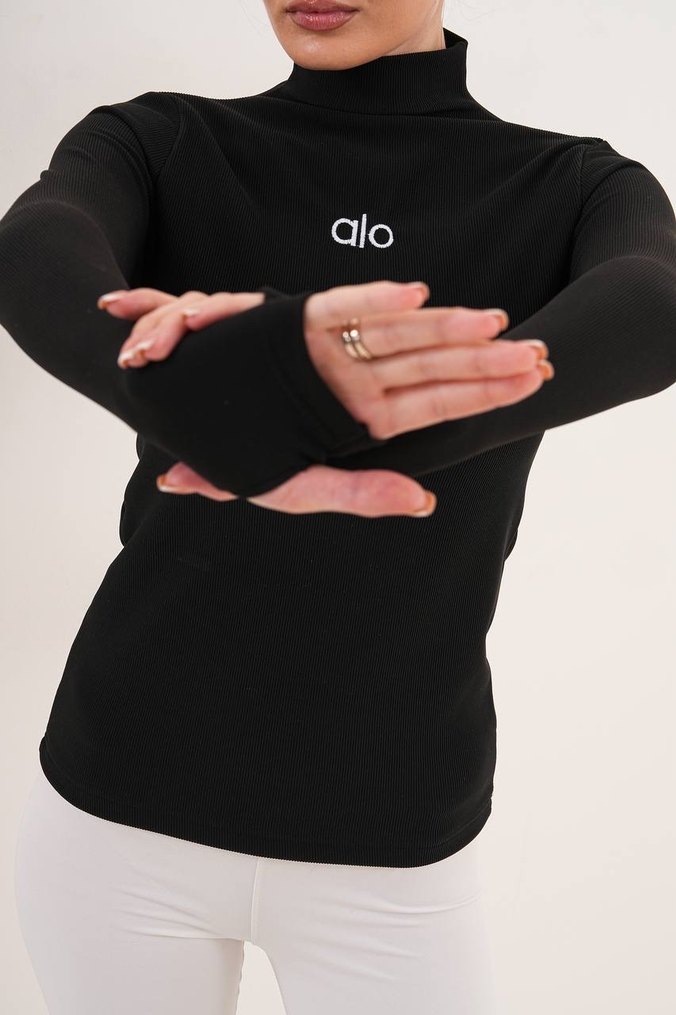 Siyah Yüksek Yakalı Uzun Kollu Fitilli Bluz - Görsel 2