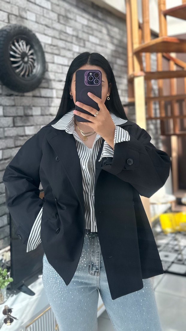 Siyah Düğmeli Midi Trençkot - Görsel 2