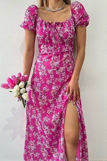 Pembe uzun yırtmaçlı elbise