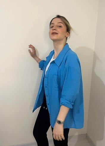 s Beden mavi Renk Bayan OVERSİZE GÖMLEKLER.