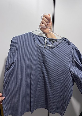 Mavi Jeans Düğmeli, Kısa Kollu Mavi Marka Çizgili Kadın Gömlek
