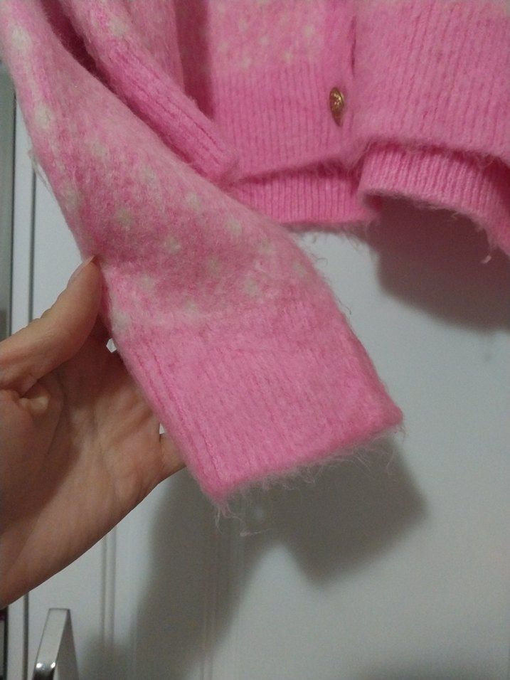 Pembe Düğmeli Triko Kadın Hırka - Görsel 3