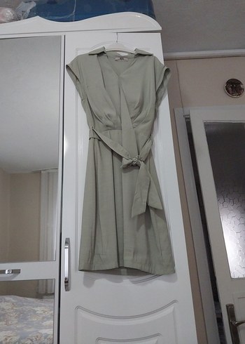 Kadın yeşil Keten Kemerli Uzun Elbise - Görsel 5