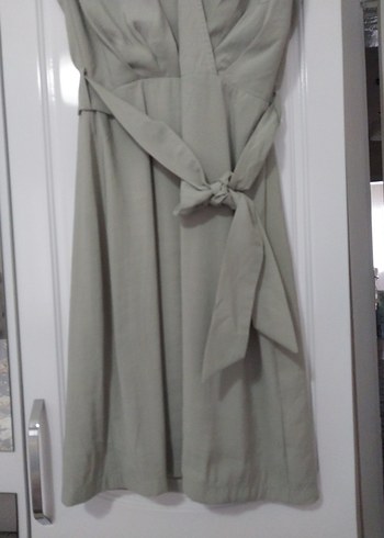 Kadın yeşil Keten Kemerli Uzun Elbise - Görsel 3