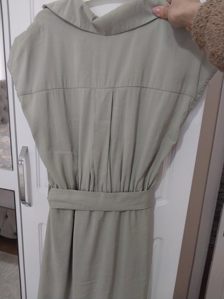 Kadın yeşil Keten Kemerli Uzun Elbise - Görsel 2