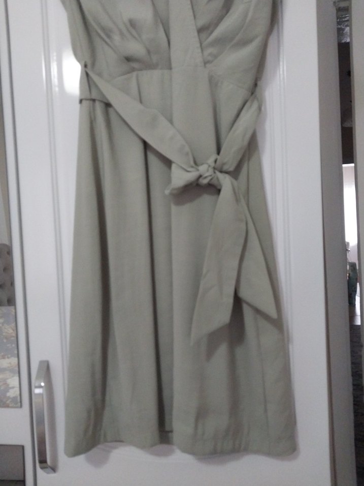 Kadın yeşil Keten Kemerli Uzun Elbise - Görsel 3