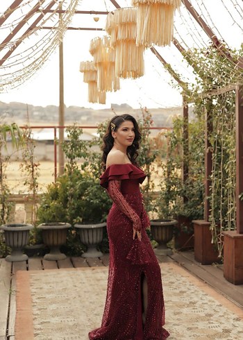 Bordo Uzun Kollu İşlemeli Kadın Abiye Elbise
