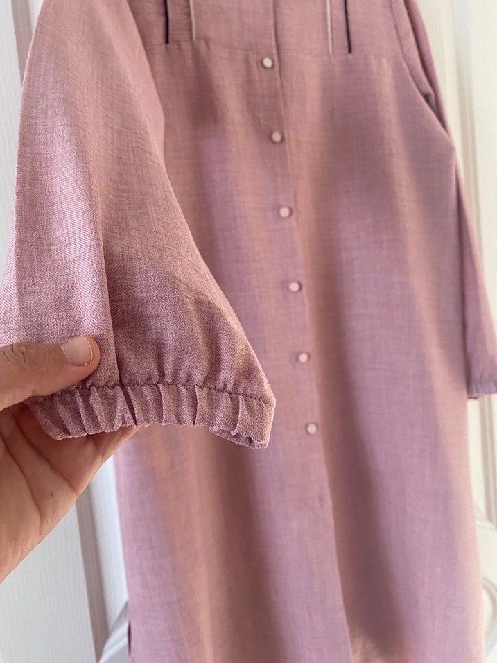 Düğmeli Uzun  Keten Gömlek - Görsel 4