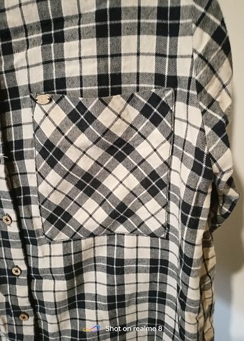 Gri Ekose Kadın Gömlek Düğmeli Midi Boy - Görsel 10