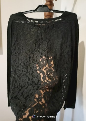 Dantel Detaylı Siyah hafif kayik Yaka Uzun Kollu Bluz - Görsel 7