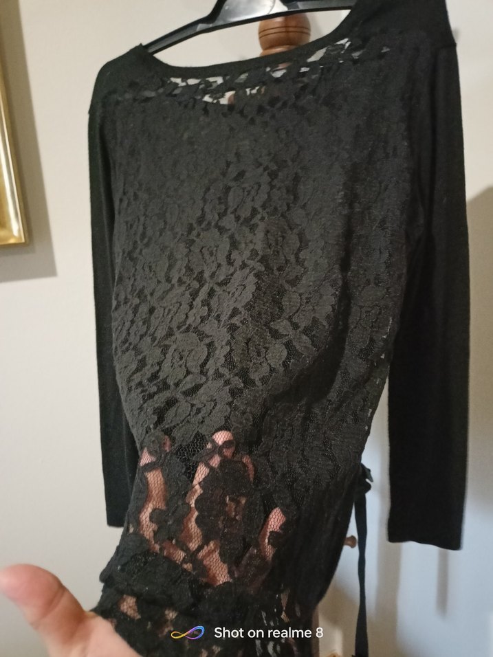 Dantel Detaylı Siyah hafif kayik Yaka Uzun Kollu Bluz - Görsel 2