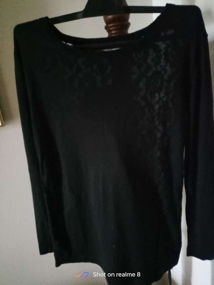 Dantel Detaylı Siyah hafif kayik Yaka Uzun Kollu Bluz - Görsel 5