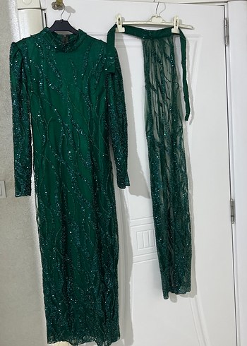 Yeşil Uzun Kollu Boncuk İşlemeli Abiye Elbise - Görsel 5