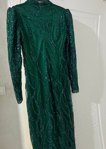 Yeşil Uzun Kollu Boncuk İşlemeli Abiye Elbise - Görsel 4