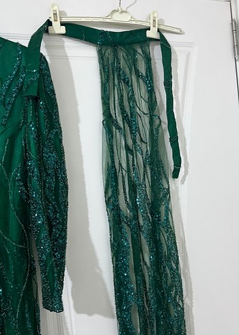 Yeşil Uzun Kollu Boncuk İşlemeli Abiye Elbise - Görsel 6