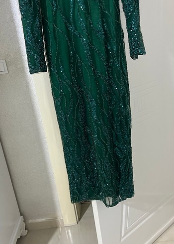 Yeşil Uzun Kollu Boncuk İşlemeli Abiye Elbise - Görsel 2