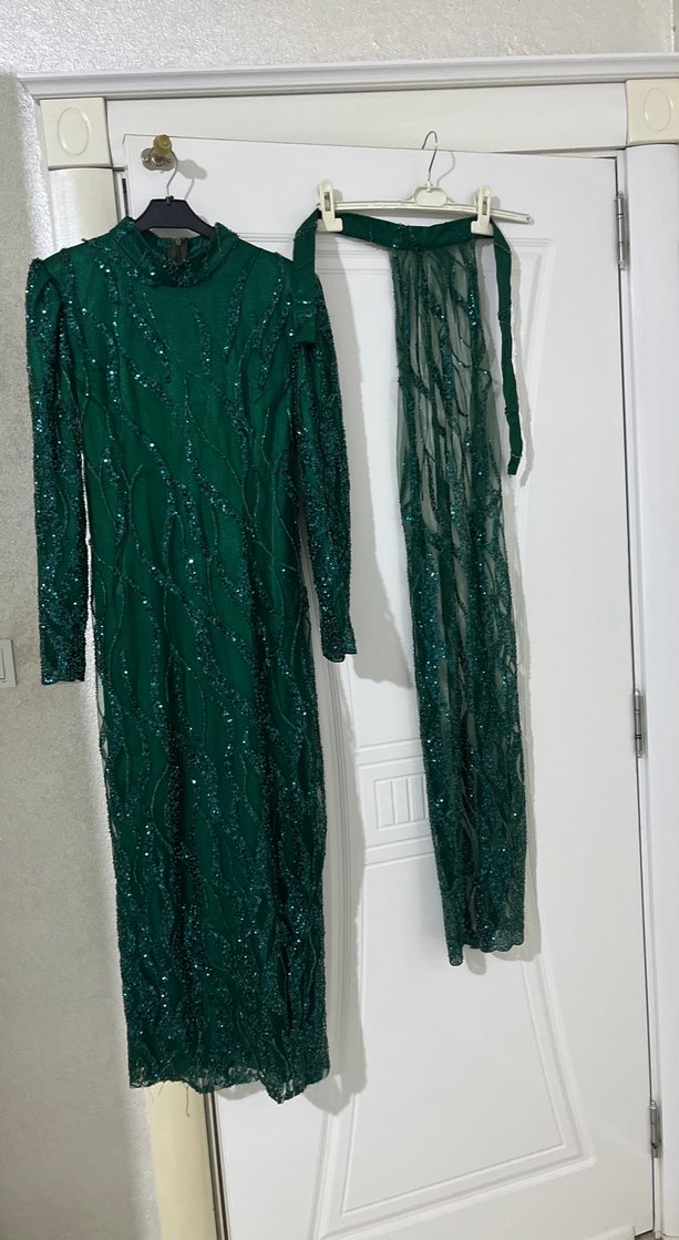 Yeşil Uzun Kollu Boncuk İşlemeli Abiye Elbise - Görsel 5