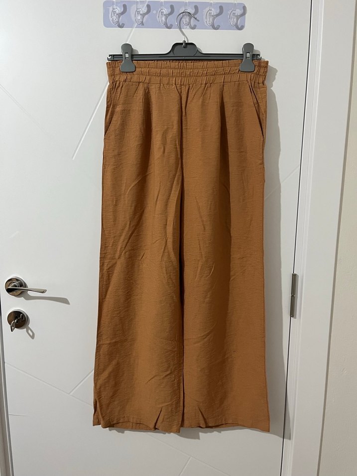 Kadın Kemerli Keten Bej Bol Pantolon - Görsel 2